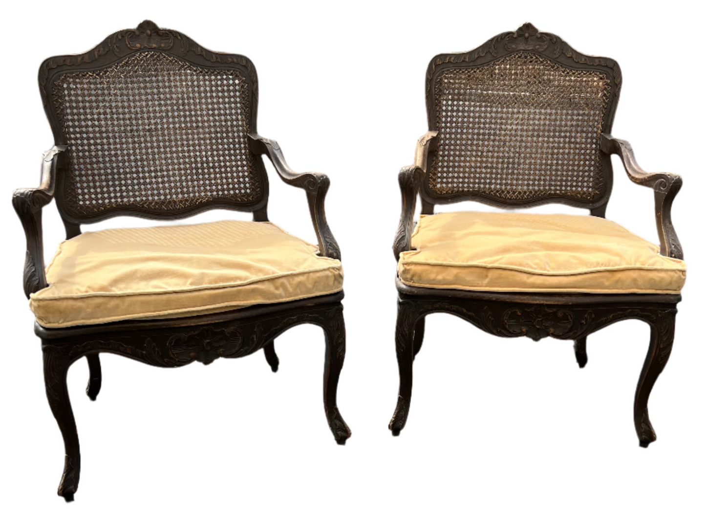 Louis XVI Cane-Back Wooden Arm Chairs with Velvet Cushions