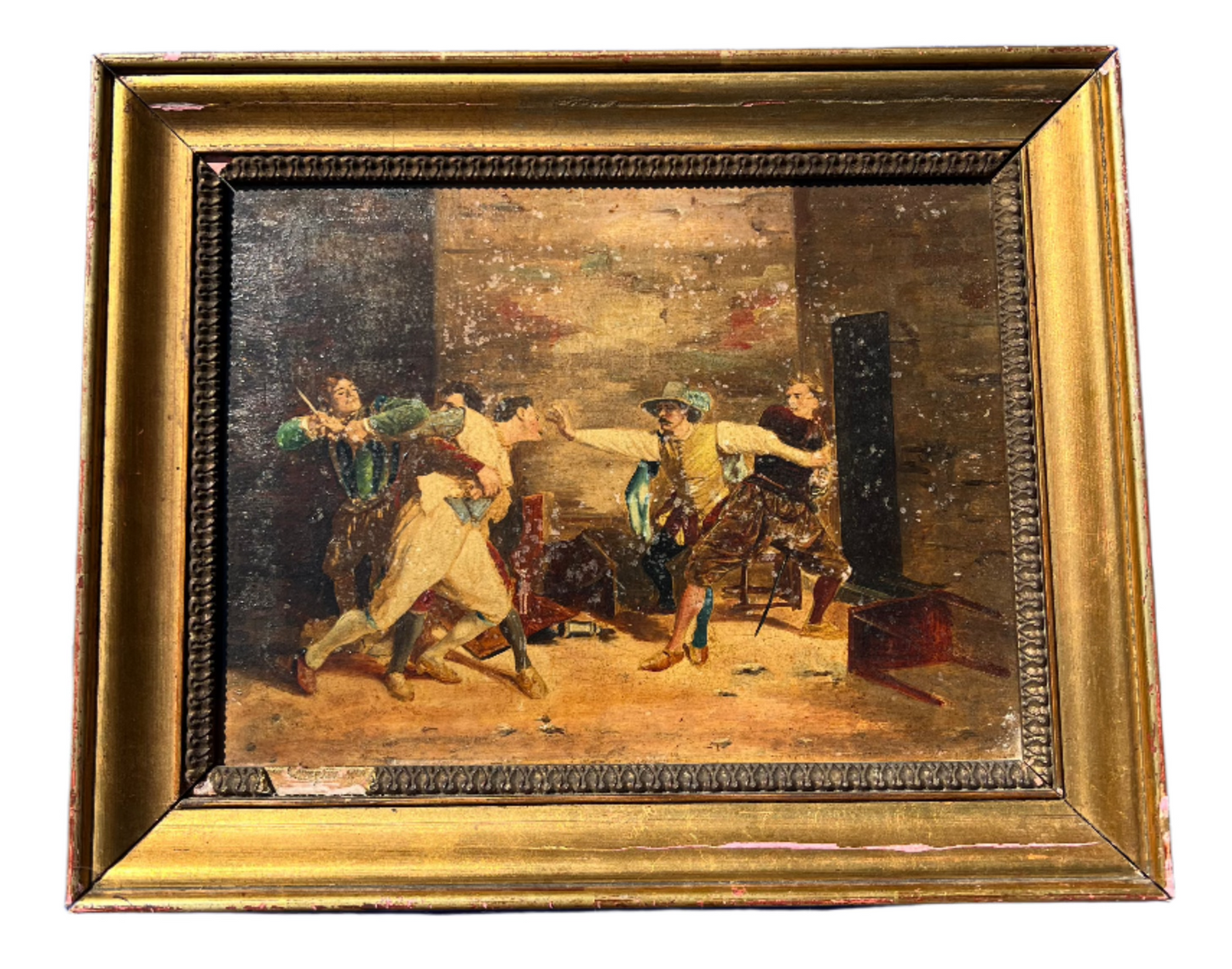 19th Century Antique Oil on Board Painting – Men in a Bar Fight