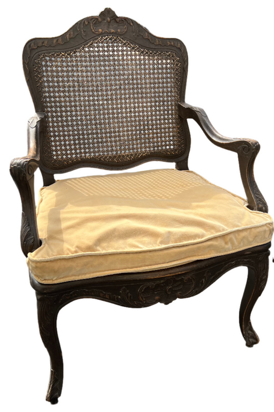 Louis XVI Cane-Back Wooden Arm Chairs with Velvet Cushions