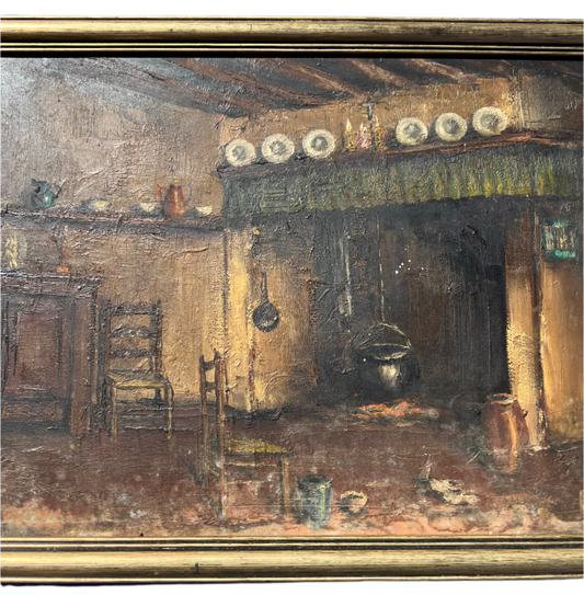French Interior Kitchen with Fireplace – Oil on Board Painting