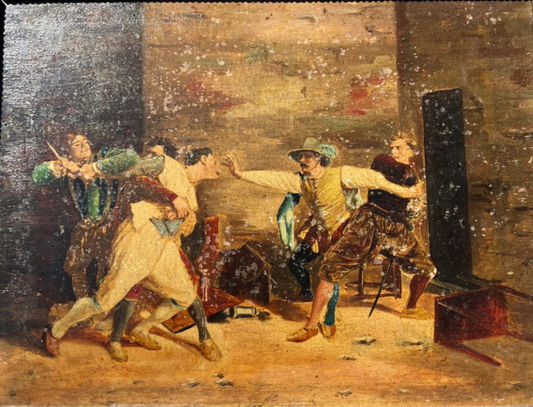 19th Century Antique Oil on Board Painting – Men in a Bar Fight