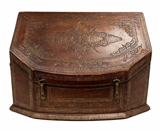 19th Century French Tooled Leather Stationery Box with Green Silk Interior